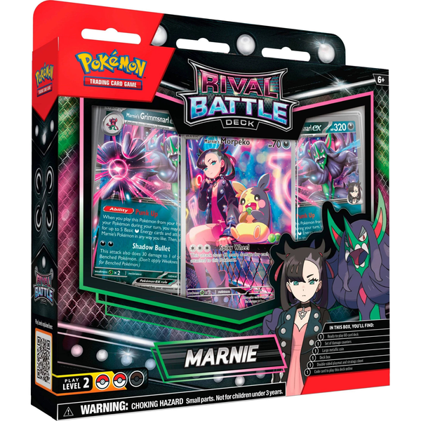 Seitenansicht des Marnie Battle Decks mit Pokémon Morpeko EX und umfangreichem Zubehör