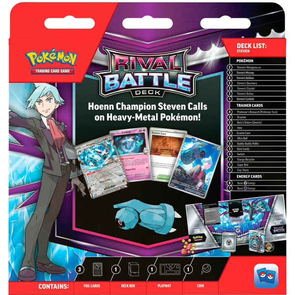 Rückseite des Rival Battle Decks – Steven mit Deckliste, Strategie und Inhalt auf einen Blick