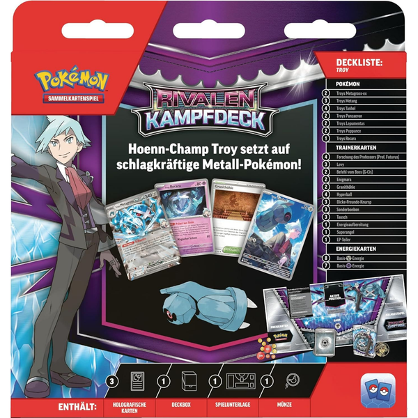 Rückseite des Pokémon Kampfdecks Troy – Deckliste, Spielinhalte und Strategieübersicht
