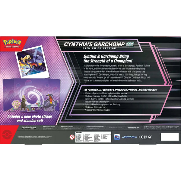 Rückseite der Cynthia's Garchomp EX Premium-Kollektion – mit Produktinformationen und Highlights