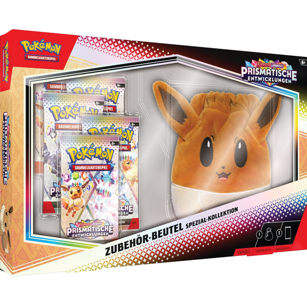 Pokémon TCG Prismatische Entwicklungen Zubehörbeutel Spezial-Kollektion mit Boosterpacks und Evoli-Plüschbeutel