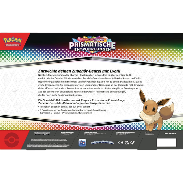 Rückseite der Pokémon Prismatische Entwicklungen Zubehörbeutel Spezial-Kollektion – Details zu Inhalt und Evoli-Motiv