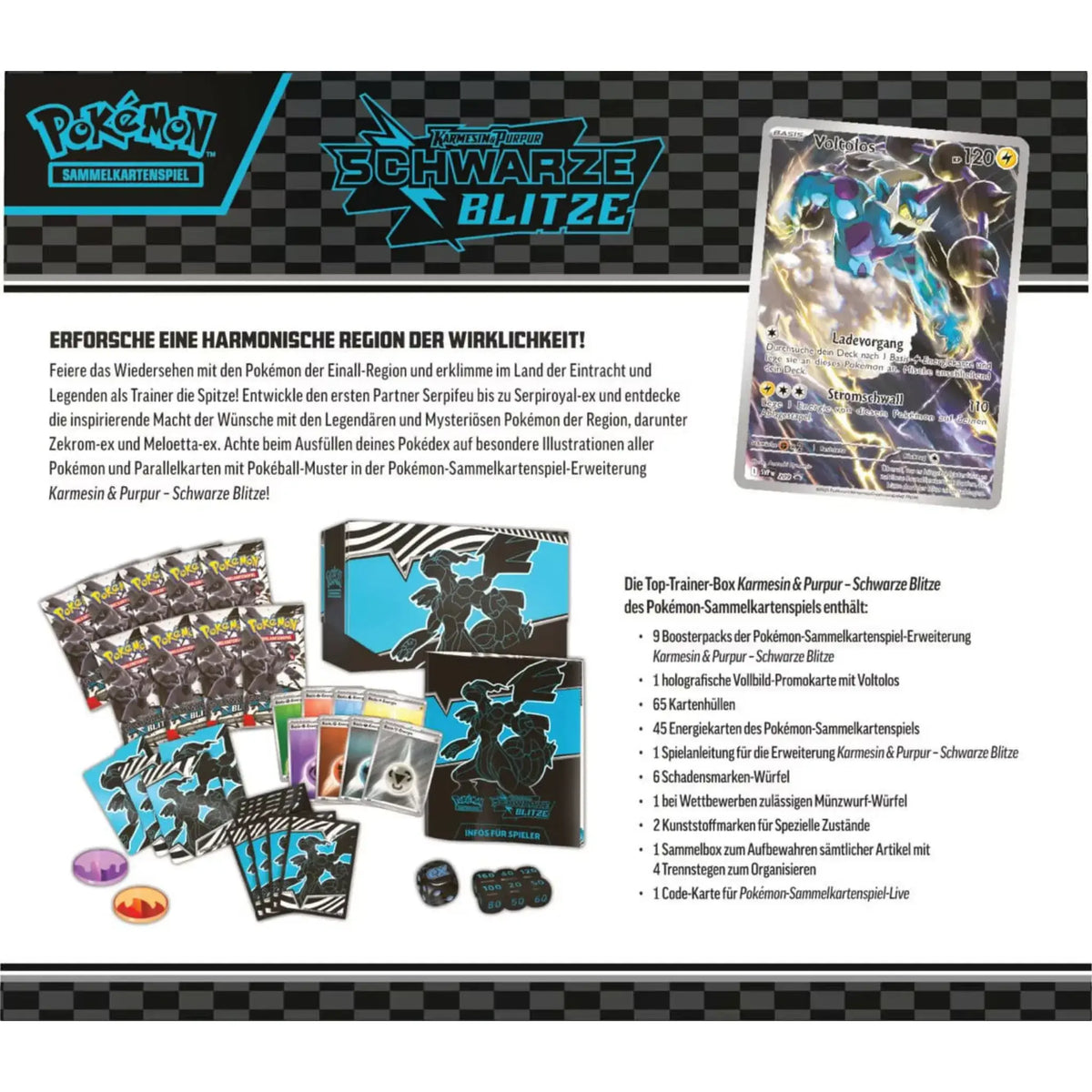 Spielanleitung, Promokarte und weitere Inhalte der Top-Trainer-Box Schwarze Blitze von Pokémon