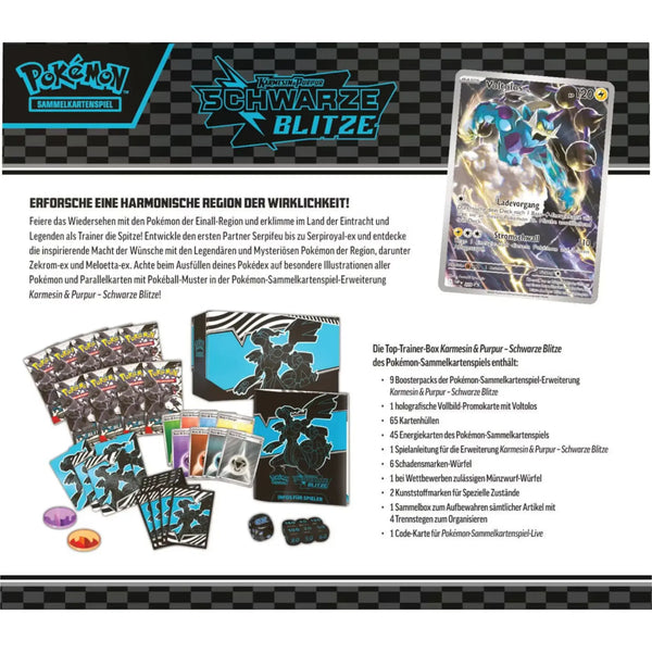 Spielanleitung, Promokarte und weitere Inhalte der Top-Trainer-Box Schwarze Blitze von Pokémon